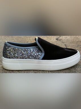 Aldo Capucius Black Velvet & Silver Glitter Slip-On Sneakers size 7.5
